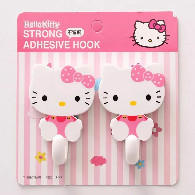 2Pcs Sanrio Hello Kitty Strong Self Adhesive Hooks Cartoon Cute Key Storage Hanger for Kitchen Bathroom Door Wall Multi-Function