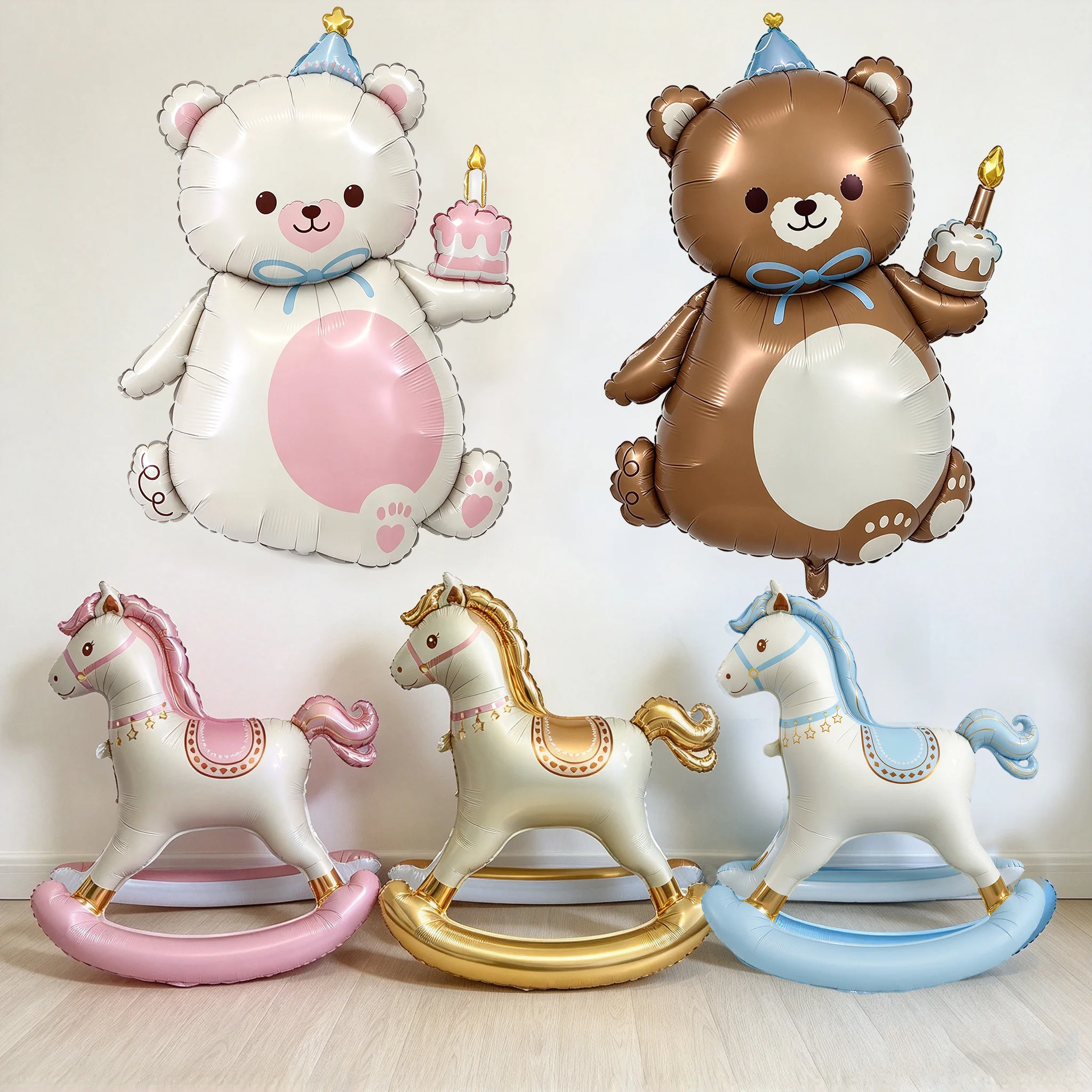 Pink Blue Cartoon Horse Balloon 3D Standing Rocking Horse Foil Balloon Baby 1st Birthday Baby Shower Party Cartoon Balloons