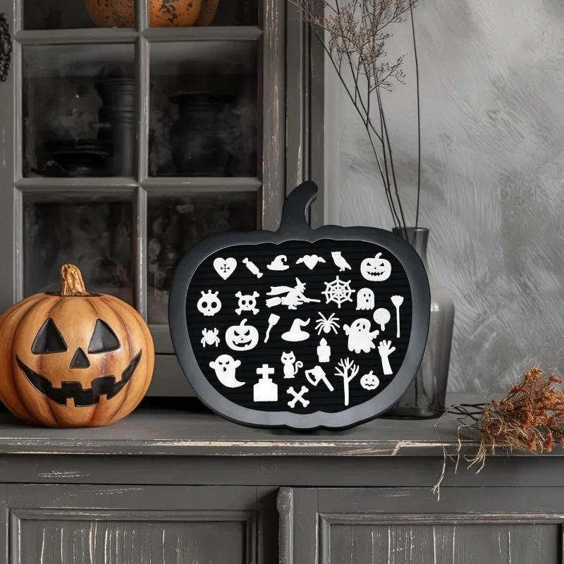 Pumpkin Shaped Felt Letter Board, Halloween Spooky Goth Home Room Decor, Message Sign for Party Display and Office Desktop Decor