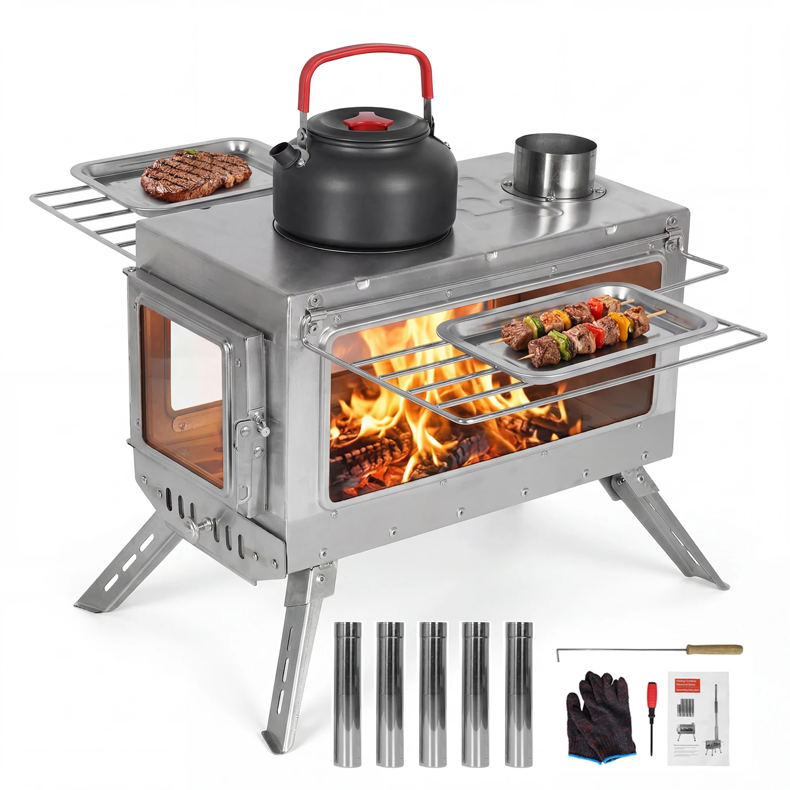 

Stainless Steel Firebox with Chimney Pipe Clean Burning Heating Stove Rust Proof for Tents Shelters Camping
