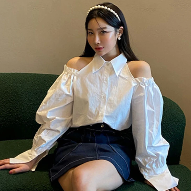 White Shirts Women Off Shoulder Long Sleeve Spring Tops All-match Solid Minimalist Tender Cute Sweet Preppy Korean Style Camisas