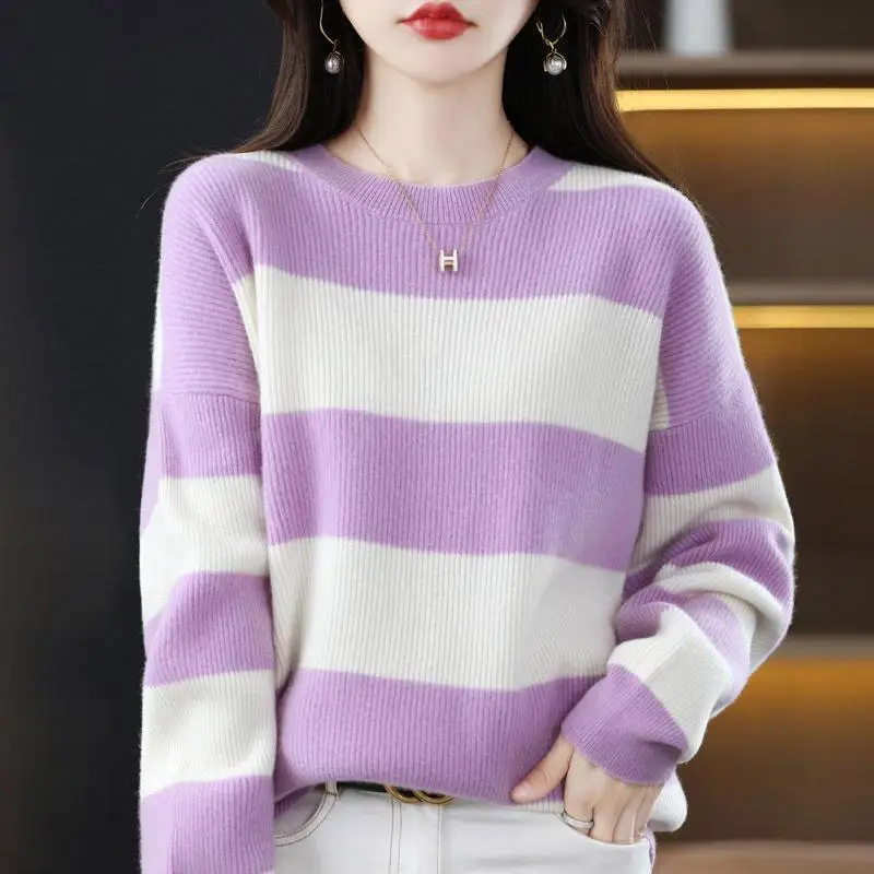 Round Neck Striped All-match Sweaters Autumn Winter Casual Korean Color Blocking Loose Jumpers Fashion Women's Clothing 2023