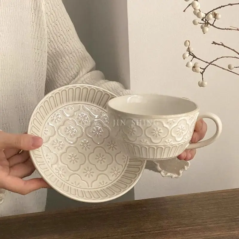 Mug French Relief Latte Latte Ceramic Coffee Cup and Saucer Retro High-end Delicate High Appearance Level Home