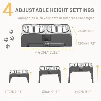 Elevated Pet Feeder Stand With Stainless Steel Double Bowls, 4 Height Adjustable Non-slip Raised Dog & Cat Feeder Bowls Set With 2