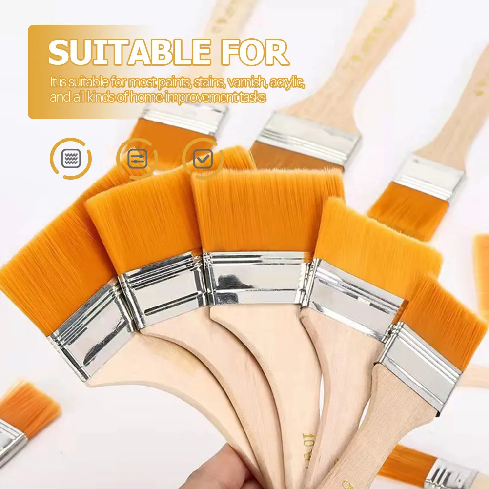 12Pcs Professional Nylon Paint Brush Set Flat Tip Wooden Handle Lightweight Easy Clean for Trim Cabinet Door Fence Deck Painting