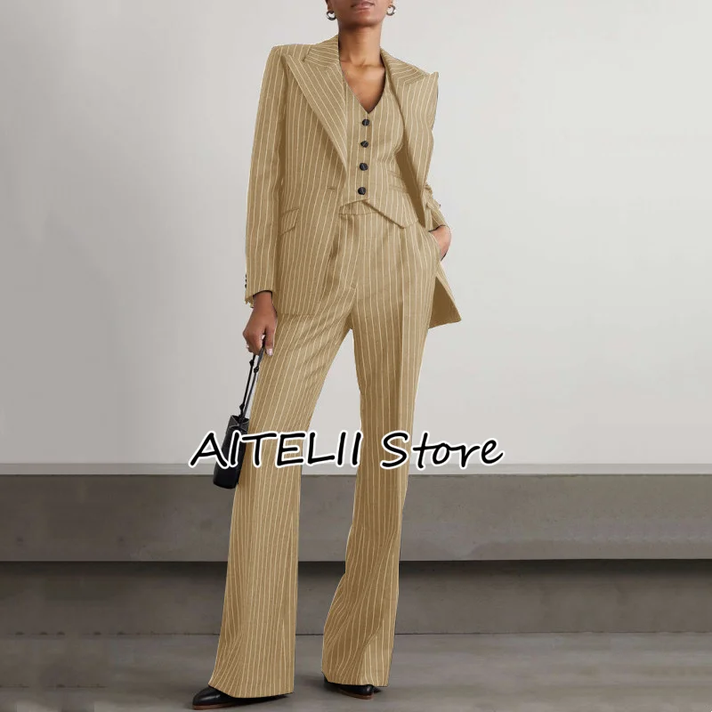 Women's Three-piece Suit Fashion Stripe Slim Fit Lapel (Jacket + Vest + Trousers) Collar Single-breasted for Business Casual Top