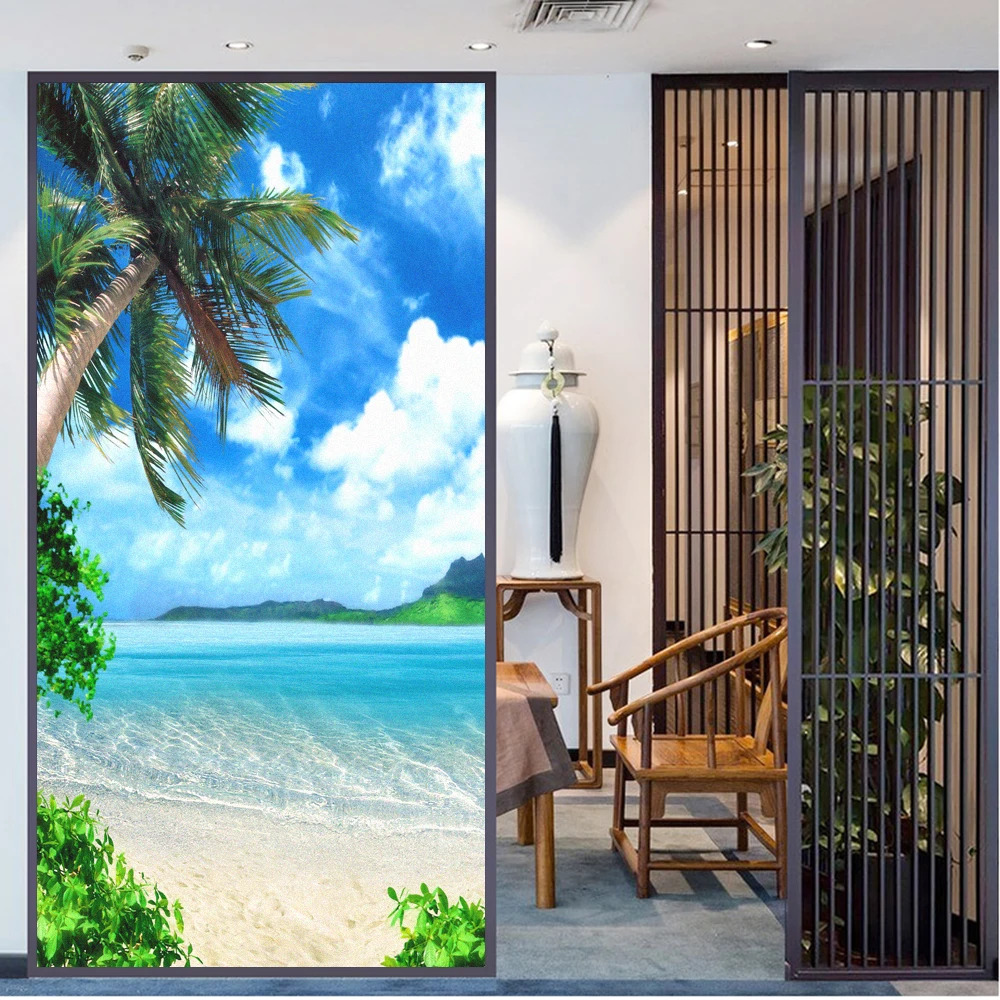 Static Cling Privacy Window Film Heat Control Anti UV Blocking Window Stickers Sea Scenery Pattern Frosted Window Decoration