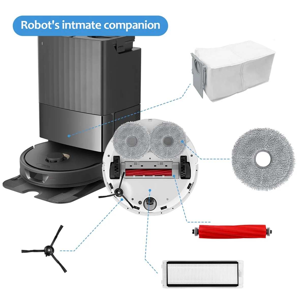 مجموعة ملحقات مكنسة كهربائية روبوت ، قطع غيار ، فرشاة رئيسية ، مناديل ، أكياس غبار ، فلاتر ، Q