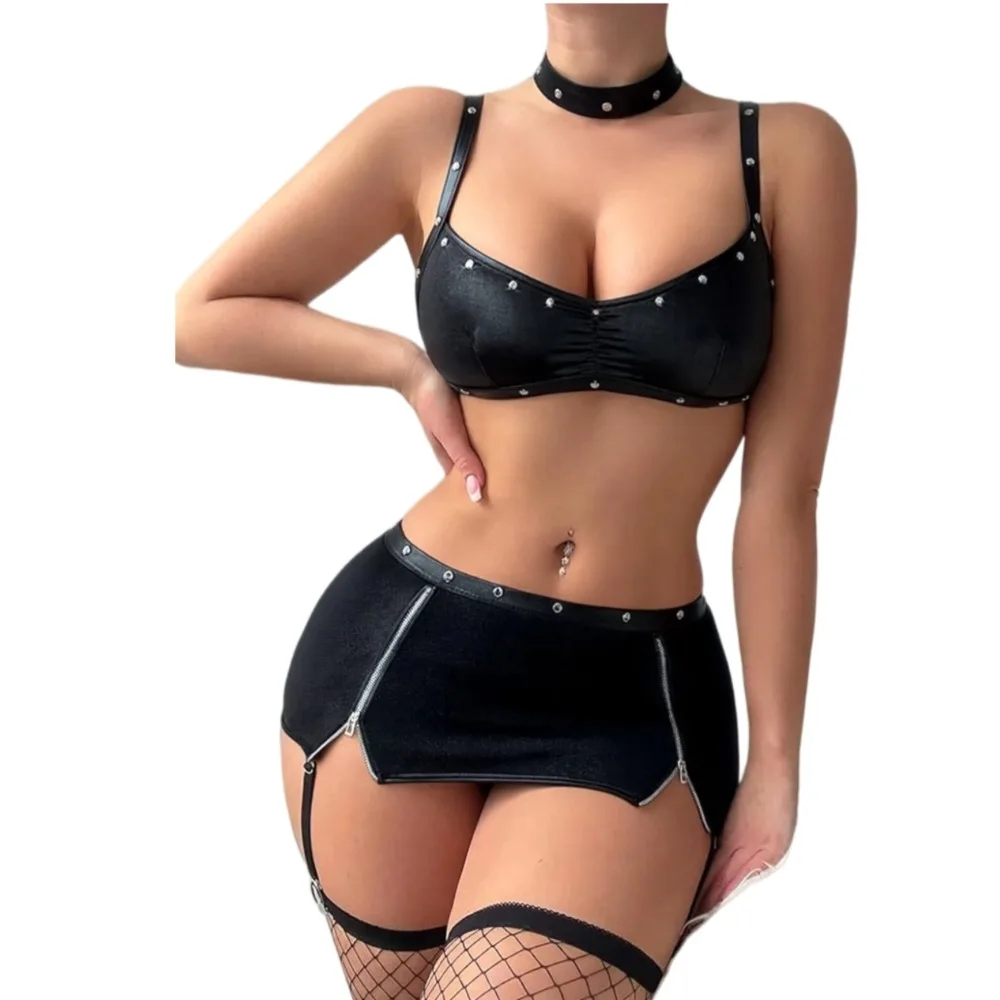 Women Sexy Leather Lingerie Set Mini Lingerie Dress Strappy Bra Skirt Outfits image 2