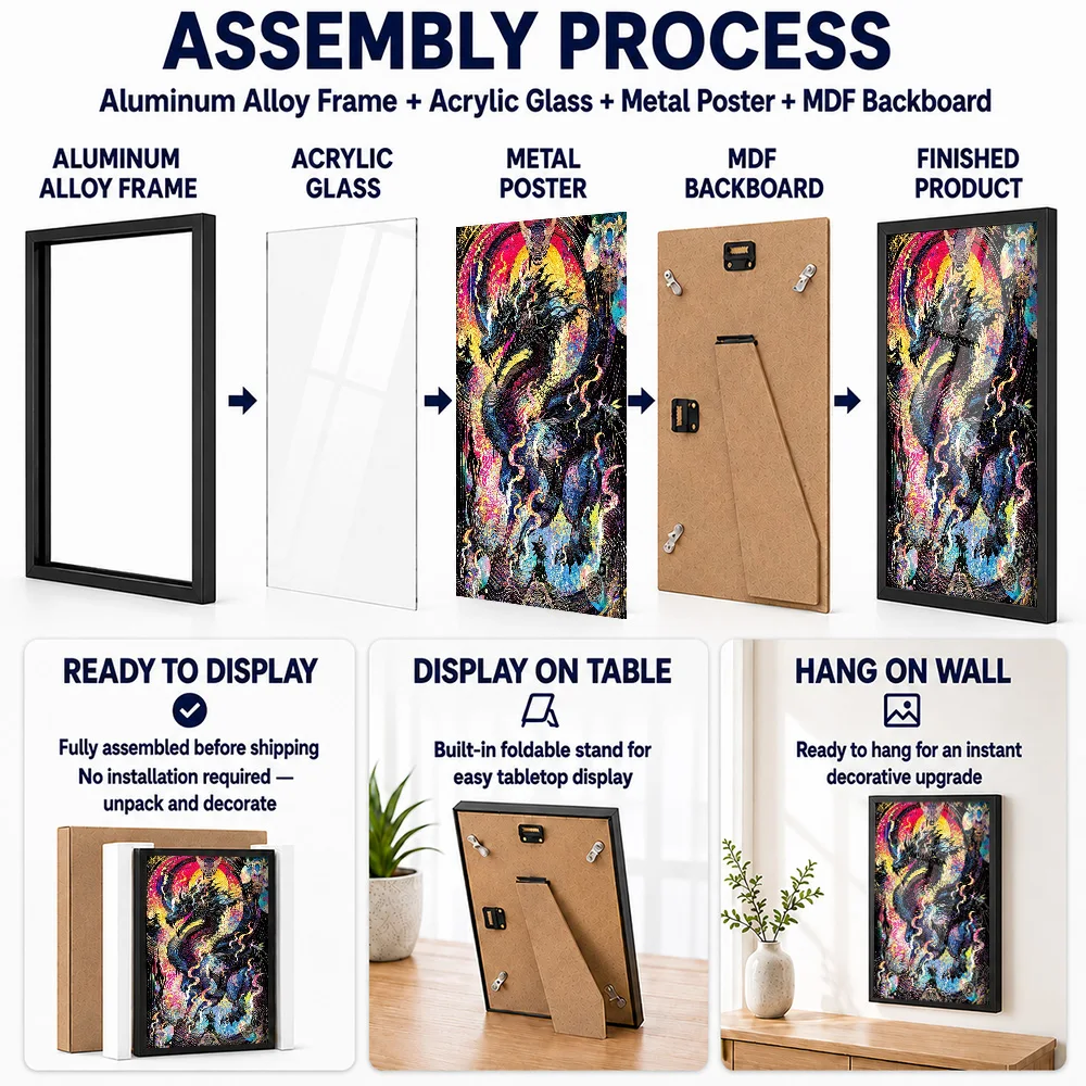 Psychedelic Dragon Fantasy Framed Metal Poster Personalized Epic Creature Aesthetic Wall Art For Gamers Decorating Game Room