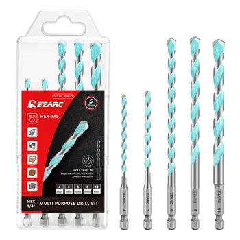 EZARC 5 pièces jeu de forets en carbure métrique/SAE foret à tige hexagonale polyvalent pour métal maçonnerie bloc de bois brique et Plast