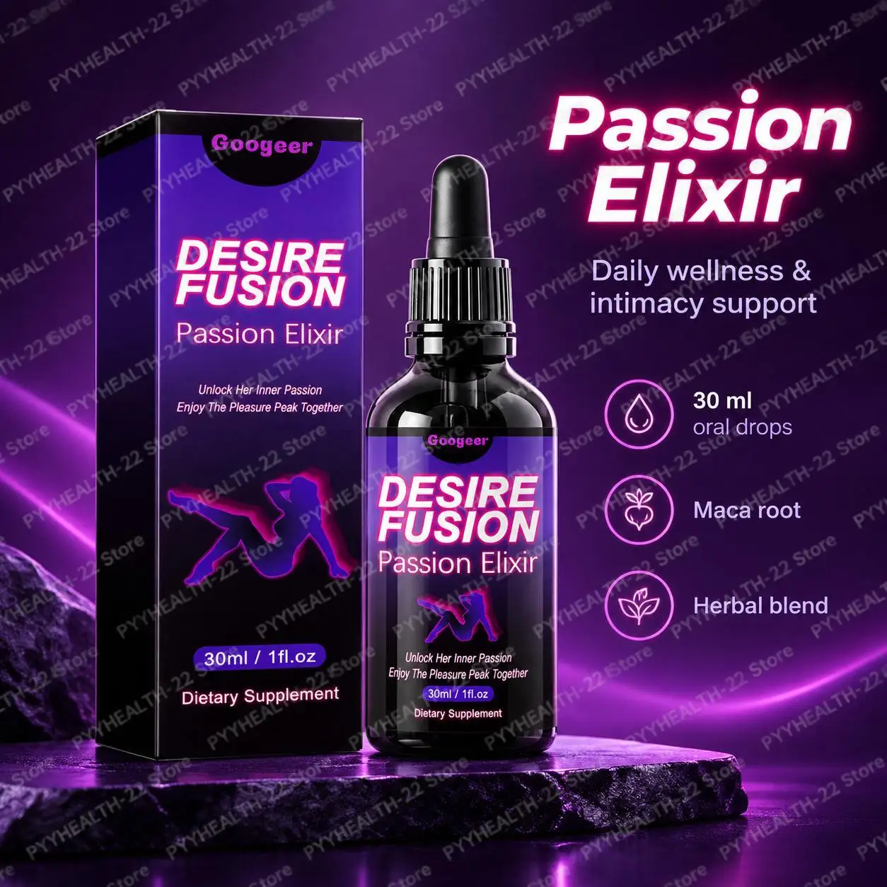 Herbal Passion Elixir Drops with Maca Root, Epimedium & Ginkgo Biloba, Supports Daily Vitality & Intimacy, Vegan Non-GMO, 30ml