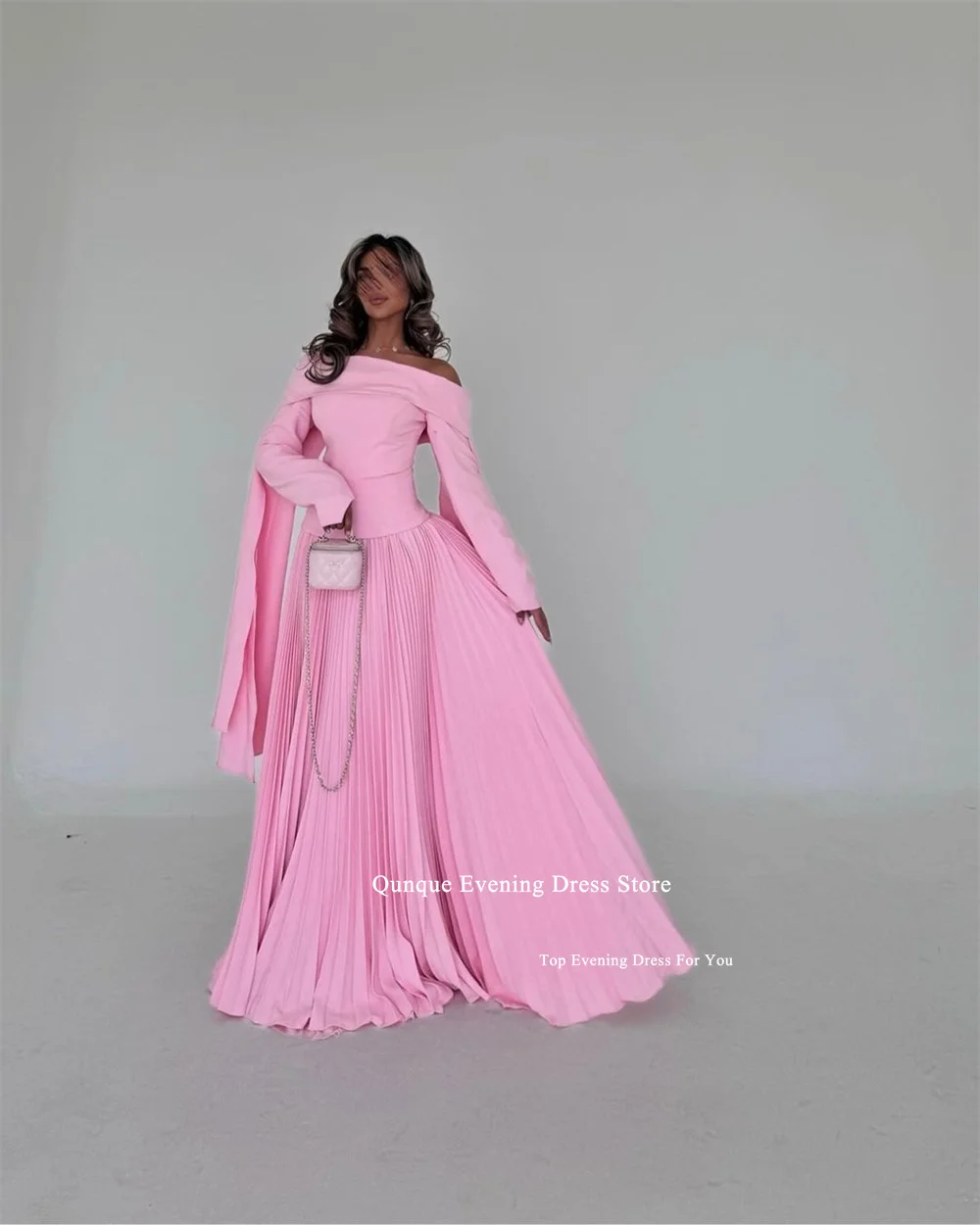Qunque Pink Satin Evening Dresses Girls Pleat Off Shoulder Sleeves Customized Party Evening With Cape Prom Gown Robe De Soirée