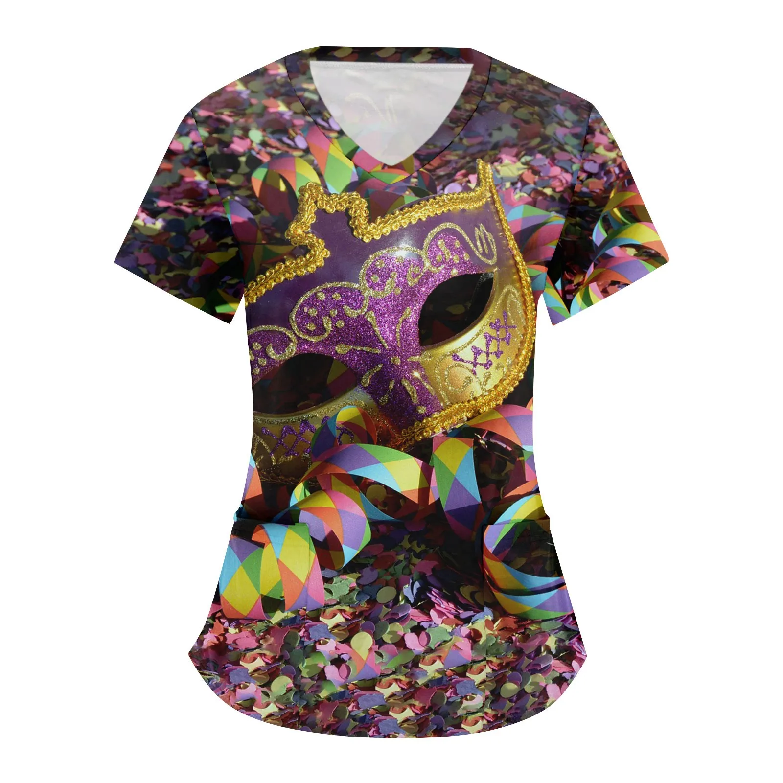 Healthcare Uniform Nurse Clinic Nursing Mardi Gras Carnival Themed Outfit Party Mask Printing T-shirt Tops Short Sleeve Blouse