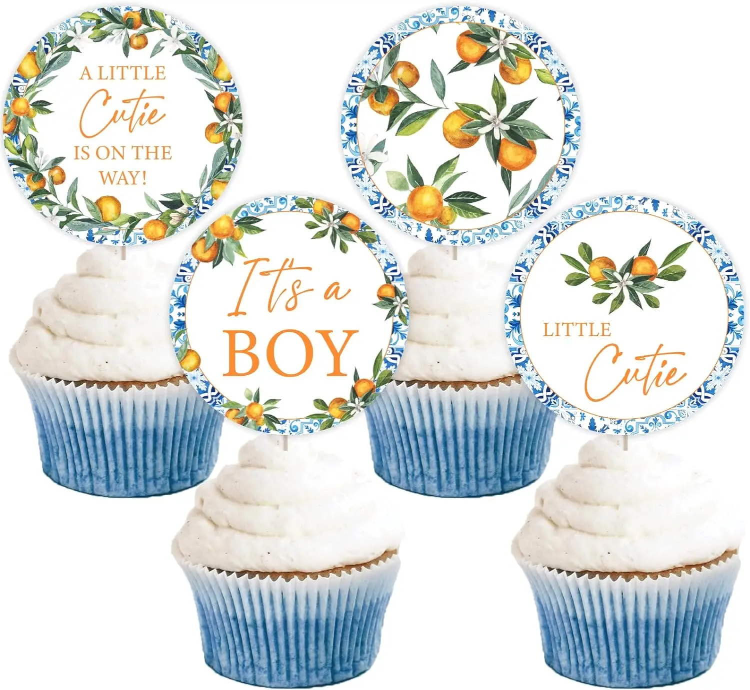 Little Cutie Cupcake Toppers, Oh It's a Boy Baby Shower Decors, Orange Theme is on the Way Clementine Citrus, 24 Pcs