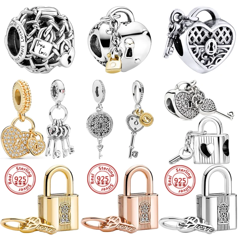 

2024 New 925 Sterling Silver Padlock & Key Lock Heart Dangle Charms Beads Fit Original Pandora 925 Bracelet Women Fine Jewelry