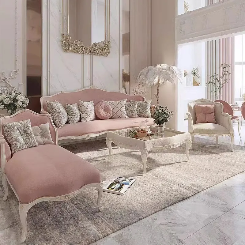 

French light luxury living room court princess style carved three-person sofa American neoclassical solid wood princess