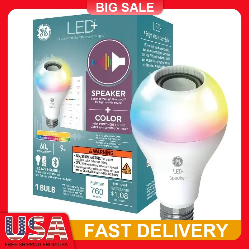 

Bluetooth Speaker Light Bulb A21 760 Lumens E26 Base Color Changing LED with Wireless Remote 8 Colors 60W Energy Saving