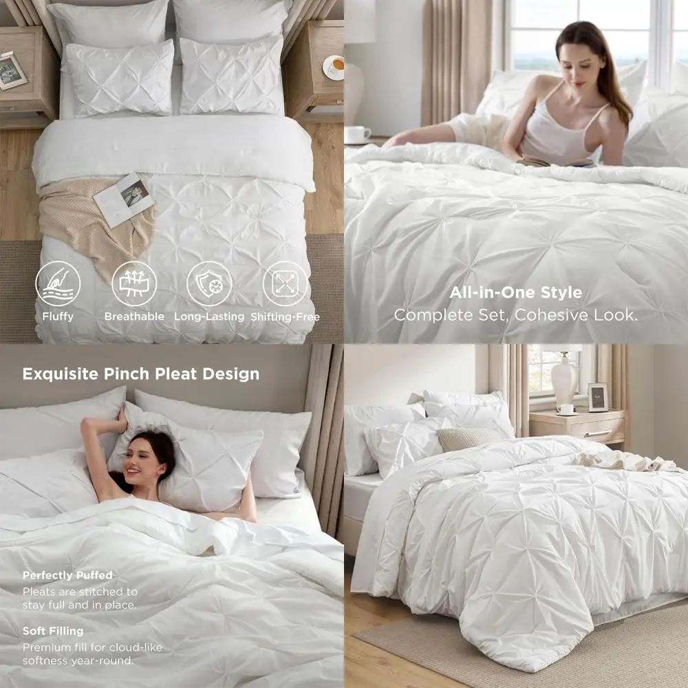 

Комплект одеял White Cal King из 7 предметов с дизайном Pintuck, простынями, наволочками и шаром — идеальный подарок постельного белья