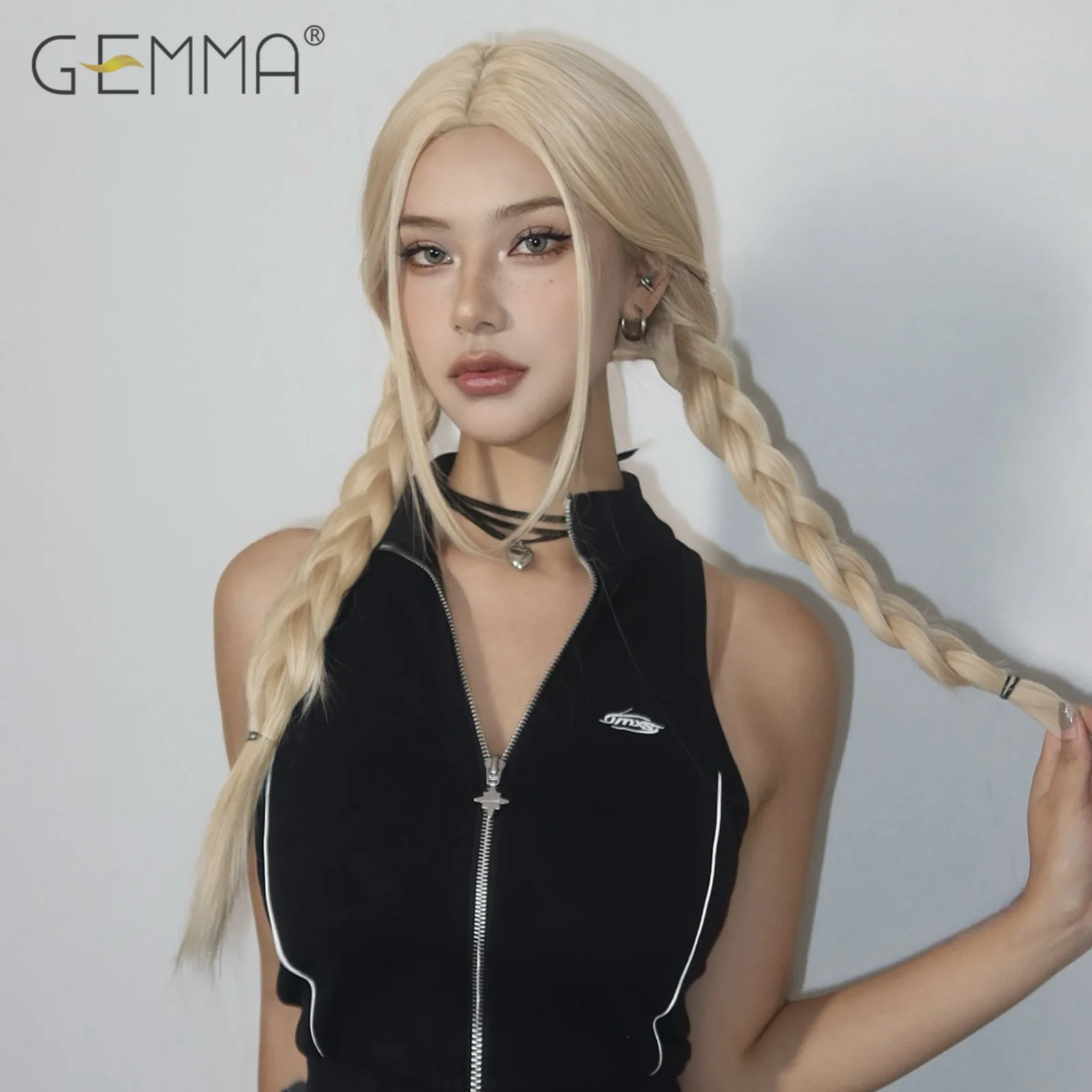 GEMMA Light Blonde Long Straight Synthetic Wig Middle Part Cosplay Lolita Wigs for White Women Heat Resistant Fibre Natural Hair