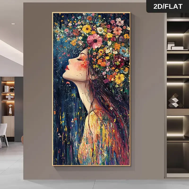 (1PC Unframe)1pc 27.56x55.12in Frameless Modern Abstract Canvas Art Print - Vibrant Flower Crowned Woman with Colorful Splashes