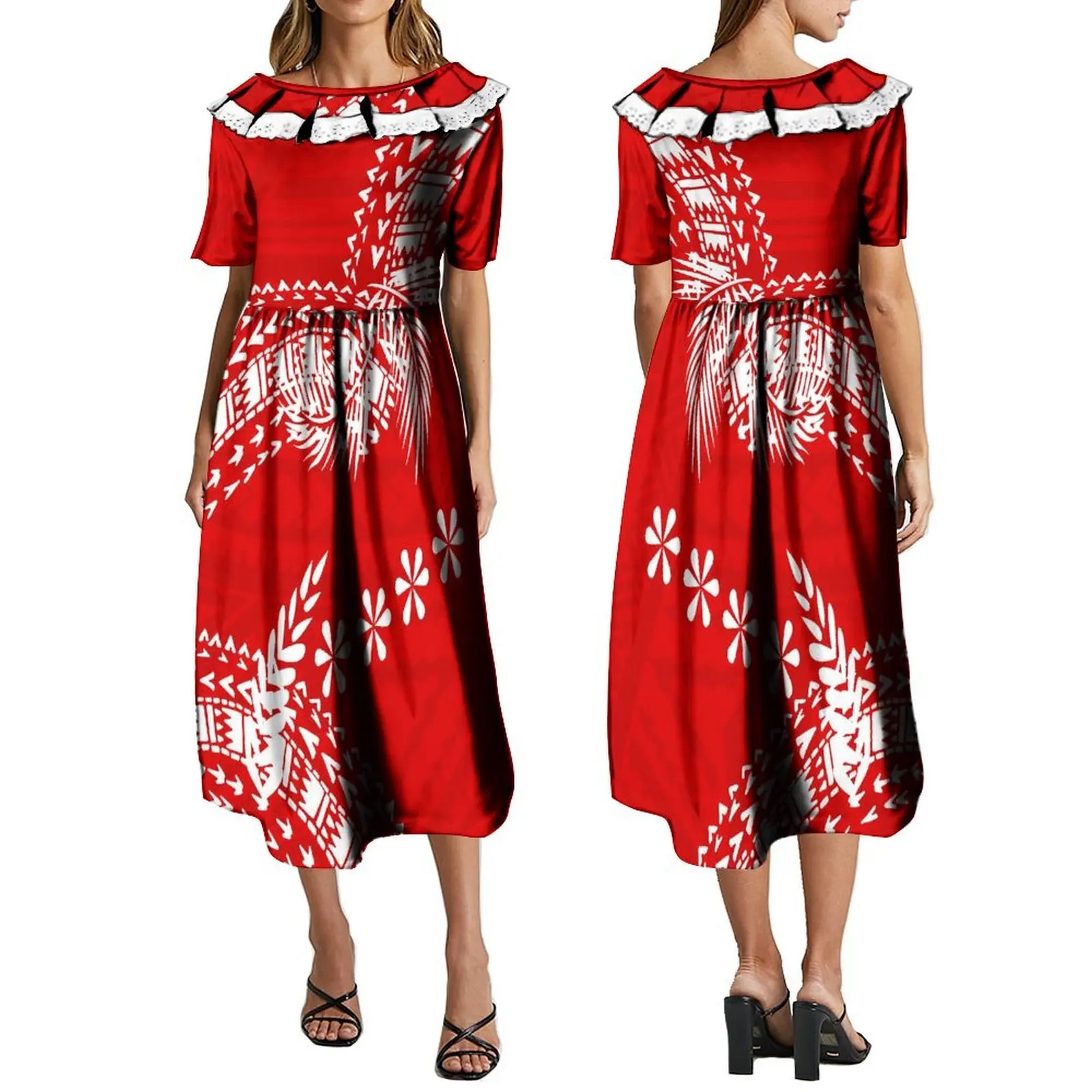 2024 New Long Dress Polynesian Summer Short Sleeve Ruffle Round Neck Dress Pacific Island Tribe Ethnic Design