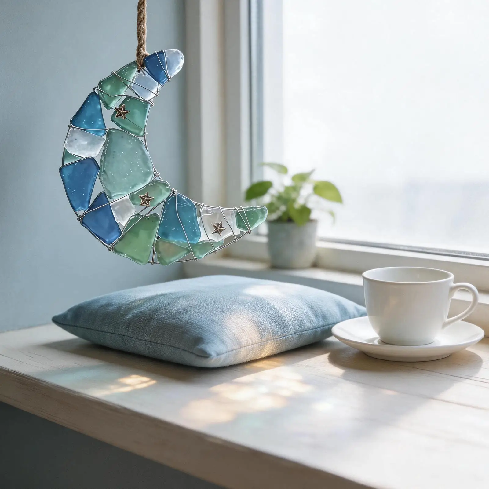 Moon Room Decor Novelty Flat Acrylic Blue Coastal Pendant Blue Indoor Friendship Ornament For Window Living Room Bedroom