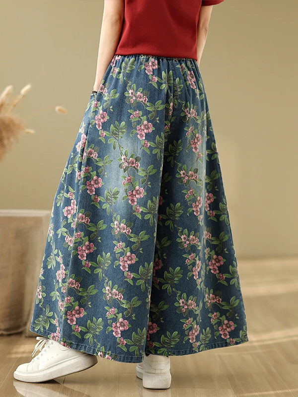 الربيع الصيف رقيقة الأزهار طباعة Waed الدنيم عالية الخصر ضئيلة واسعة الساق عارضة السراويل ل زائد حجم المرأة العصرية تنورة الجينز #3