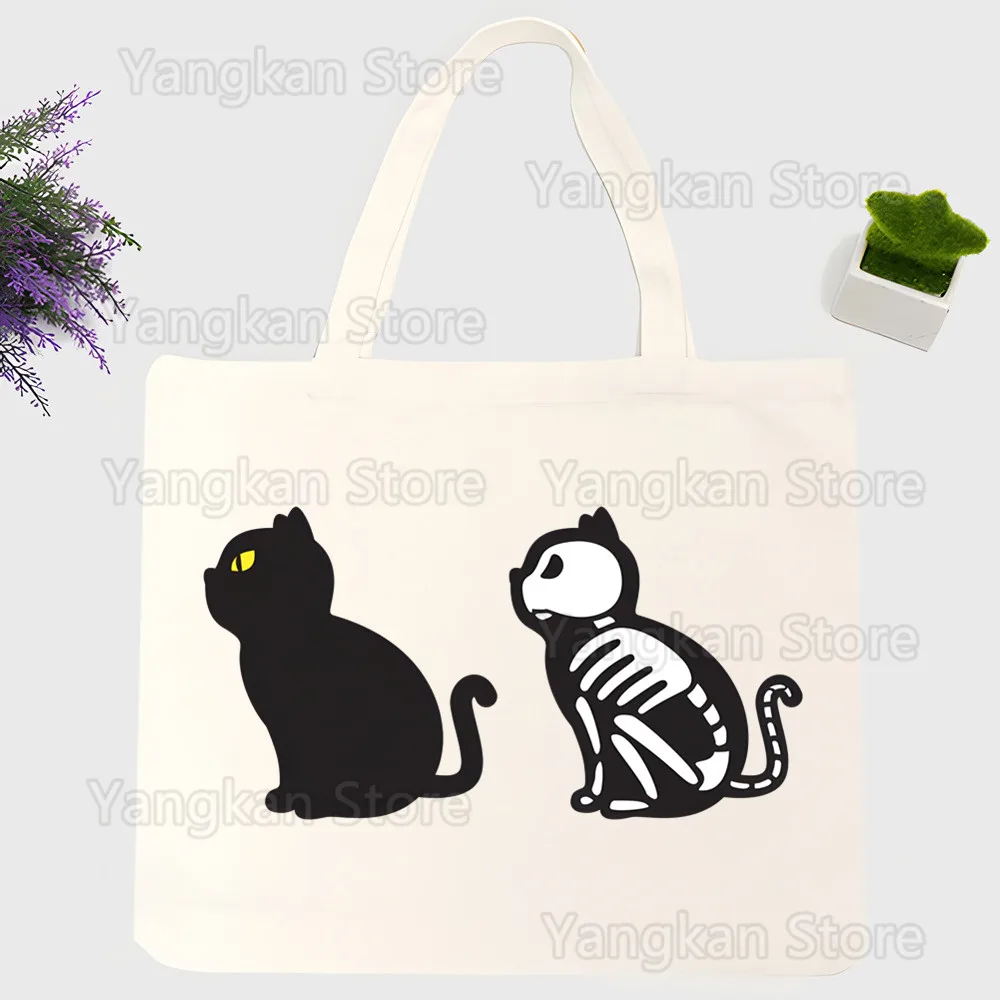 Black Cat Diagram Skeleton Canvas Shoulder Bag Customize  Handbag Ladies Casual Tote Bag Large Capacity Reusable Shopping Bag