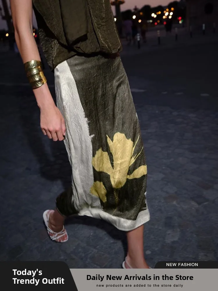 

Ele Vintage Print Pleated Midi Skirt Women's New Autumn Faion Casual Stand Fit H-ape Skirt by ZA 25