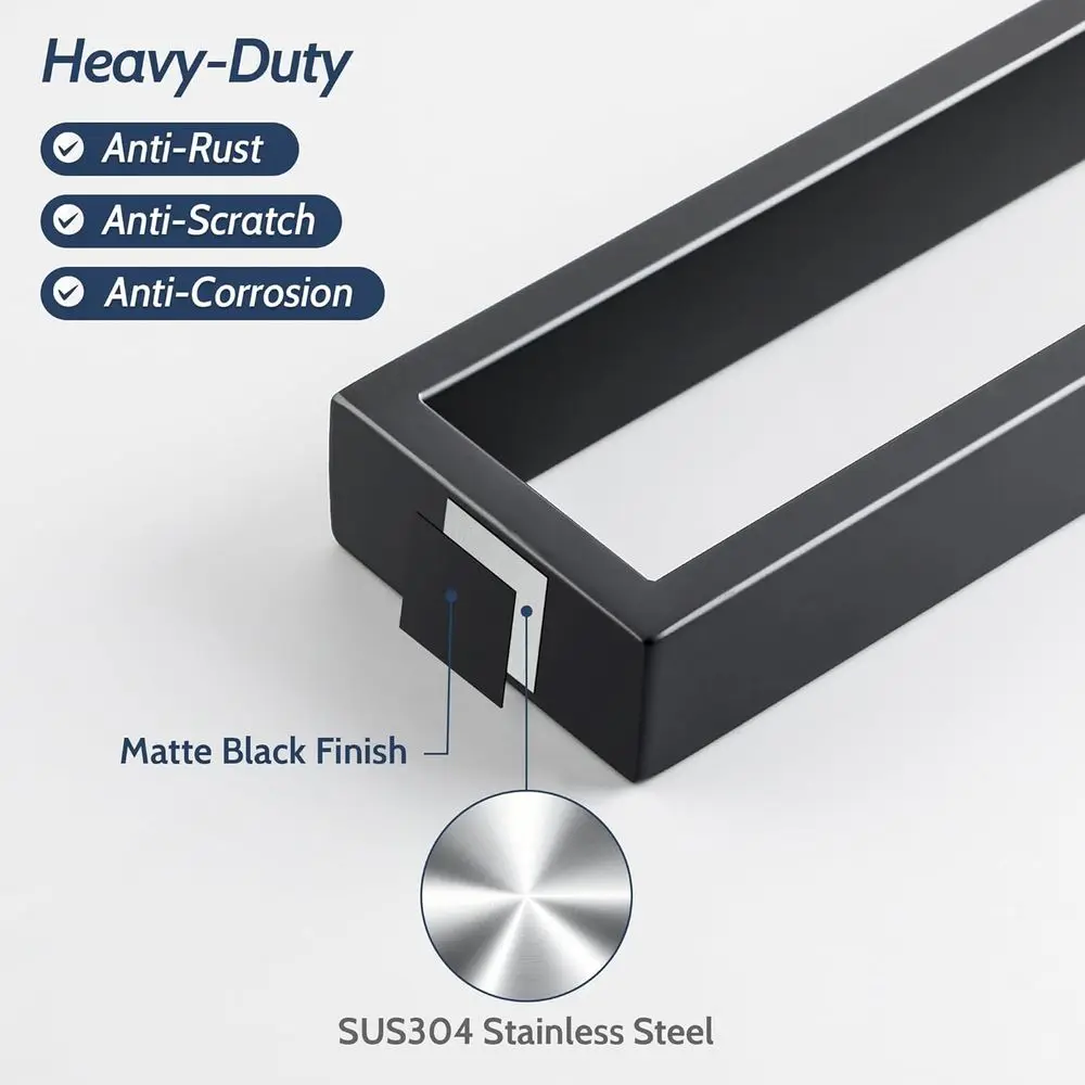 Matte Black Towel Bar, 24 Inch Hand Towel Holder, Wall Mount Square Towel Ring, Stainless Steel Towel Rack view 2