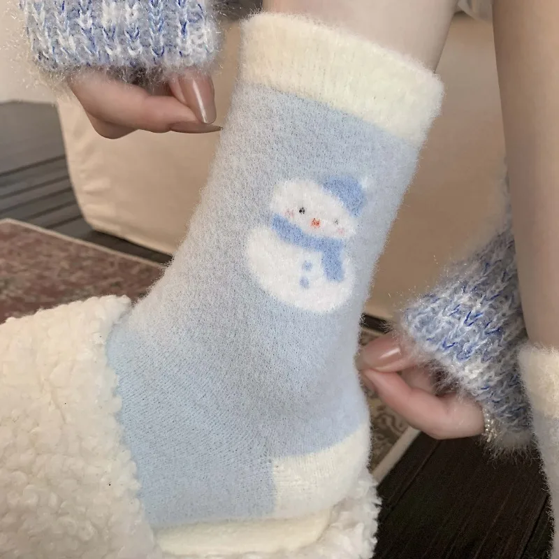 5 Pairs Women's Winter Plush Socks Cozy Thick Warm Mid-Calf Socks Kawaii Cute Cartoon Snowman Design Sleeping Home Socks Hosiery