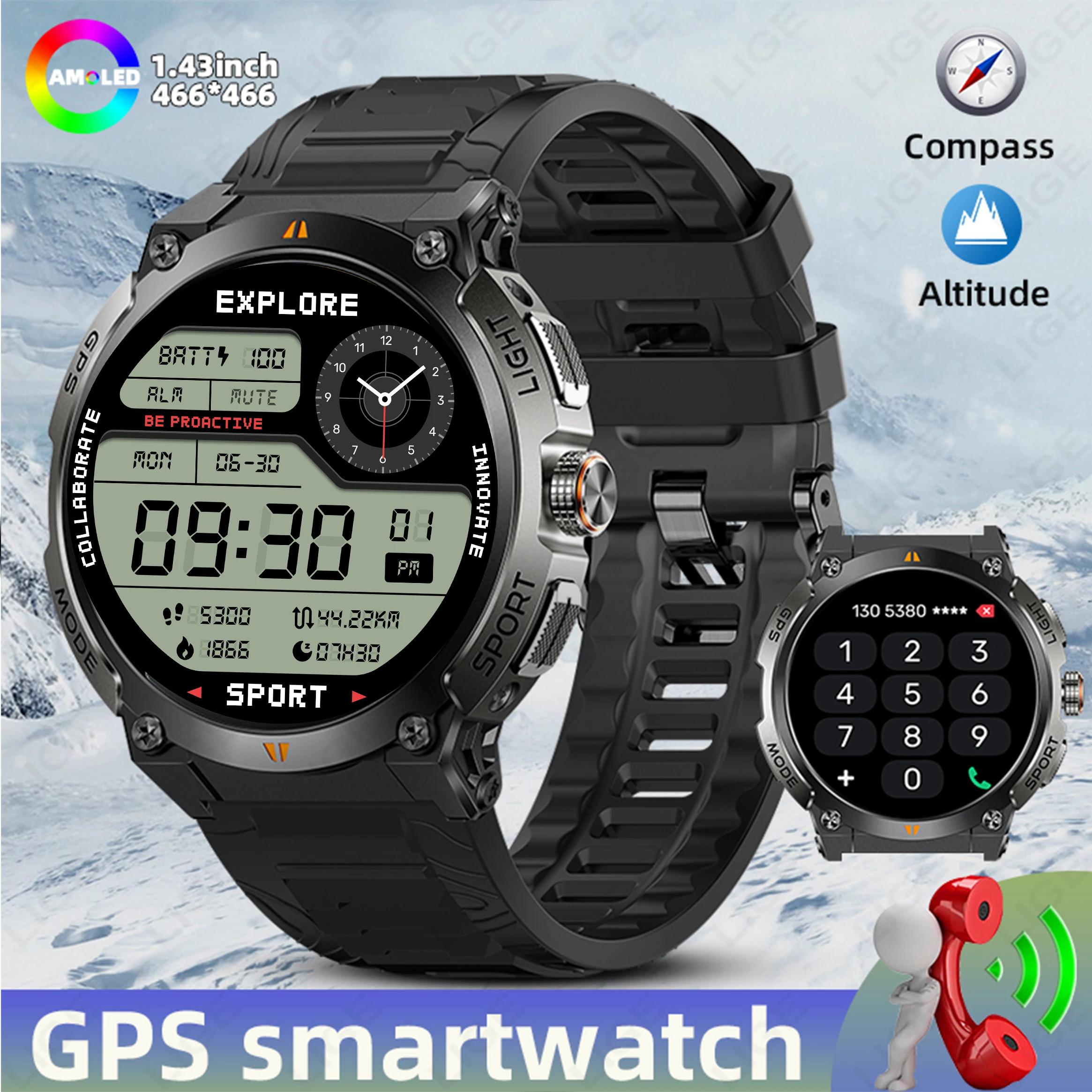 

LIGE GPS Outdoor Smart Watch Men 1.43inch AMOLED Screen Compass Watch 400mAh Battery Waterproof Bluetooth Call Sports Smartwatch