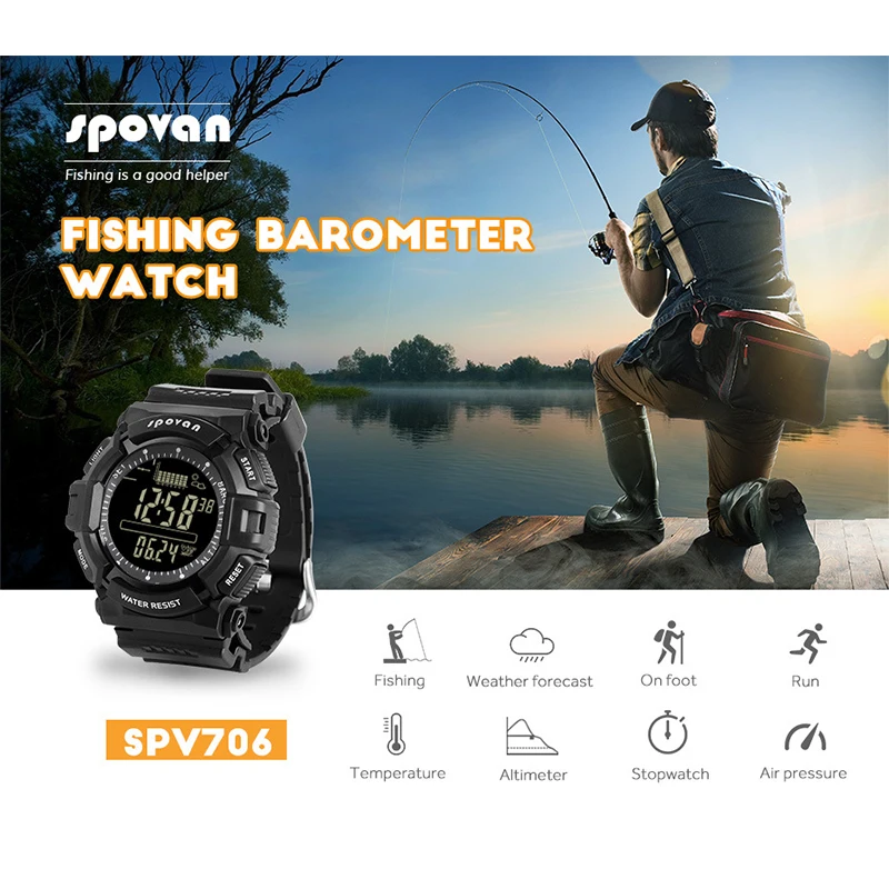 SPOVAN SPV706 Outdoor Digital Watch Fishing Barometer 50M Waterproof Hiking Climbing Barometer Altimeter Thermometer Compass