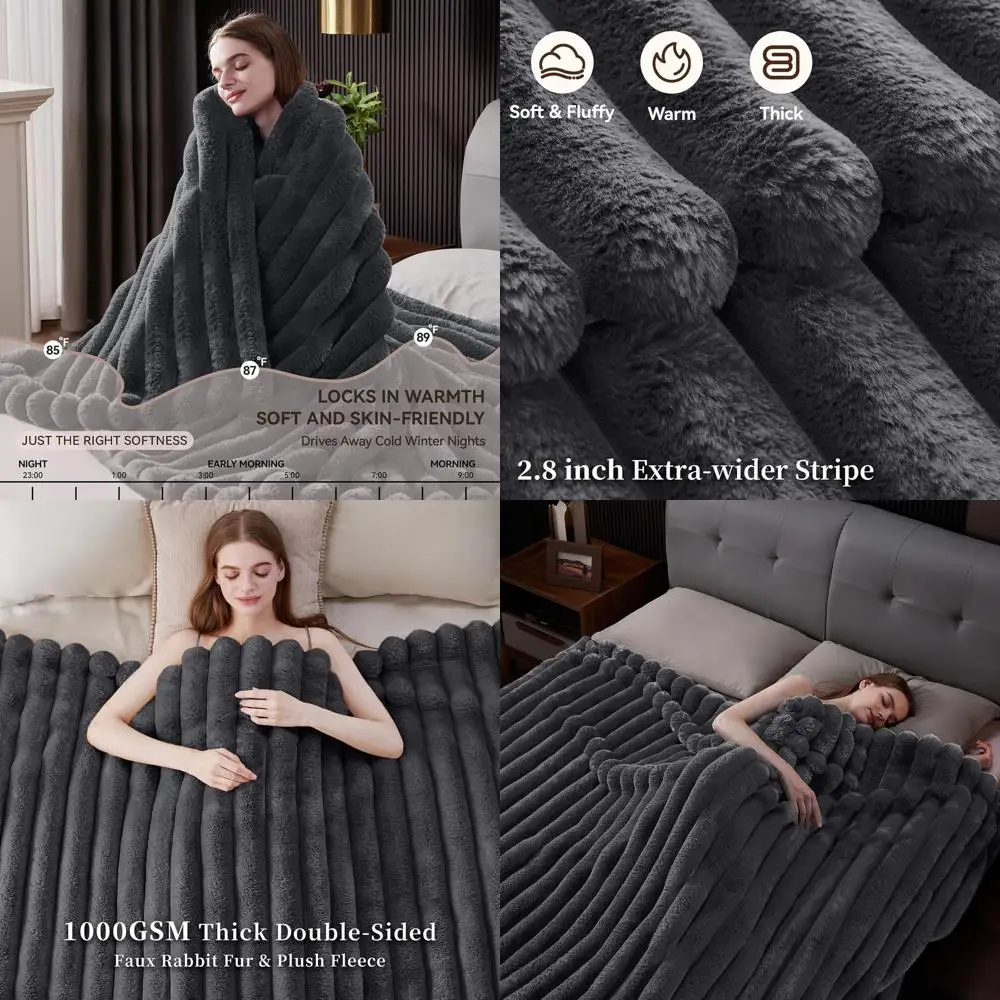 

Плюшевое одеяло из искусственного меха размера «queen-size», теплый полосатый плед 1000GSM, мягкий уютный декор для дивана-кровати (80x90, темно-серый)