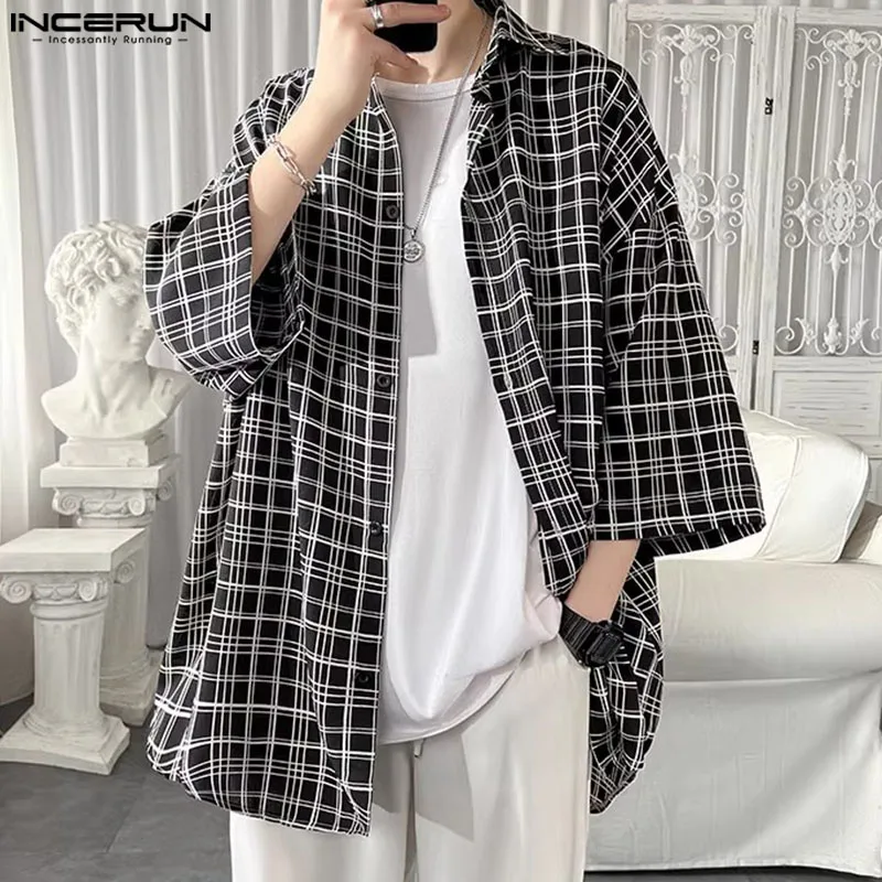 Fashion Well Fitting Tops INCERUN Men's Plaid Pattern Design Shirts Casual Streetwear Male Loose Half Sleeved Blouse S-5XL 2024