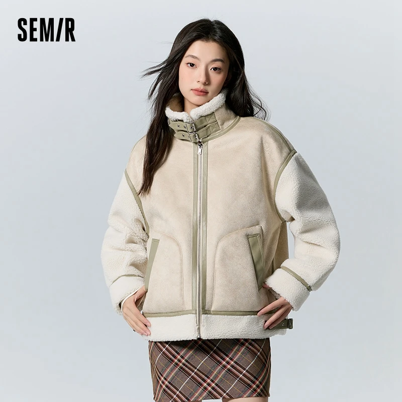 

Semir Coat Women Imitation Suede Imitation Lamb Wool Splicing 2024 New Winter Loose Trendy Cool Jacket