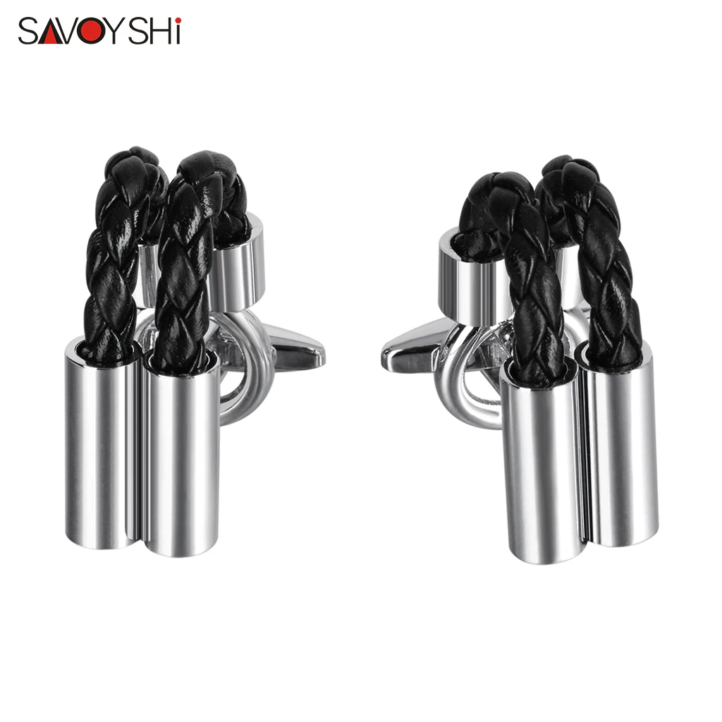 SAVOYSHI Classic Leather Link Cufflinks for Mens Business Gift Metal Cuff links for Father Husband Boss