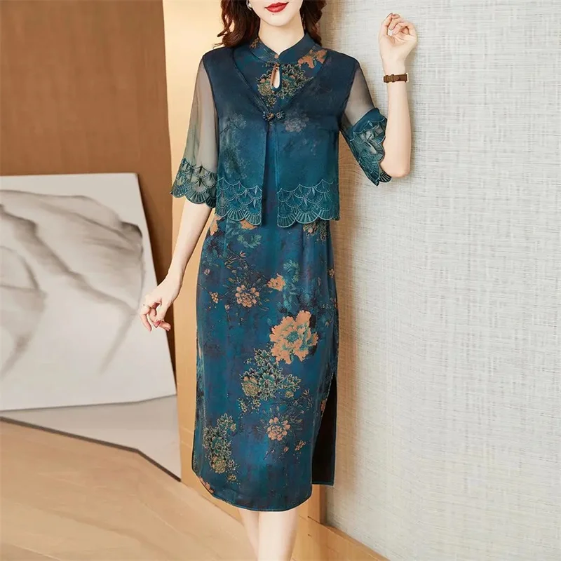 

High-Quality Dresses Women Print shawl mulberry silk Jacket And Dress Mother Half Sleeves Two Piece Suit Summer Dress Elegant