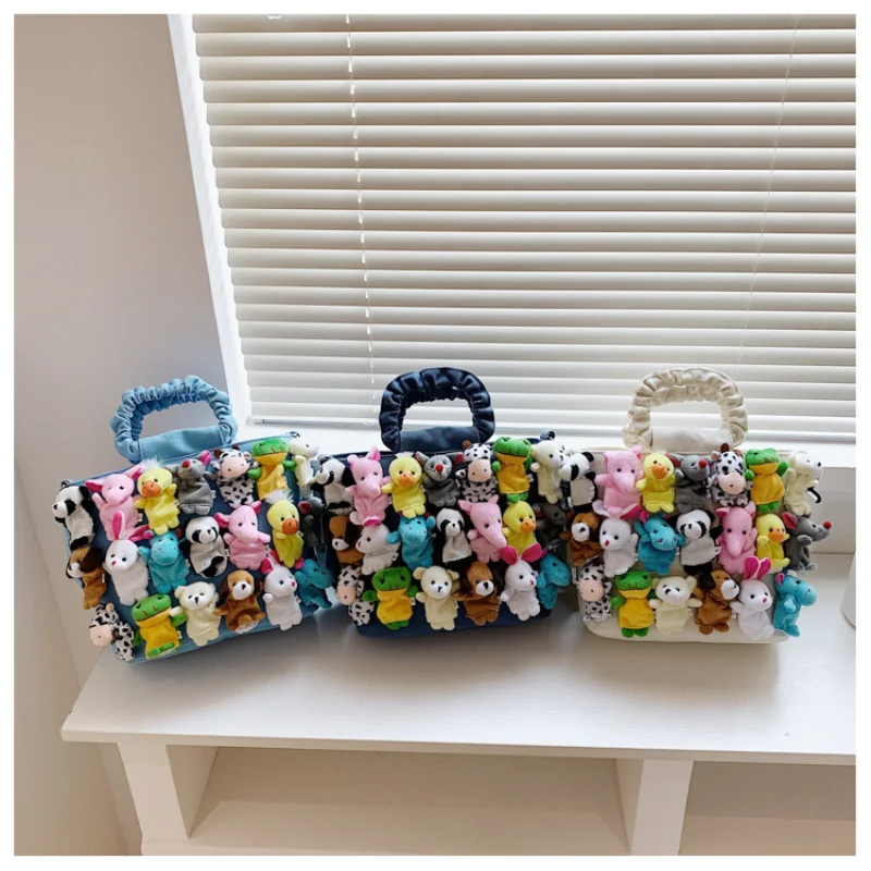 Fashion Women Denim Bucket Cartoon Toy Decoration Handbags and Purses for Female Cute Dolls Design Shoulder Bags Crossbody Bags