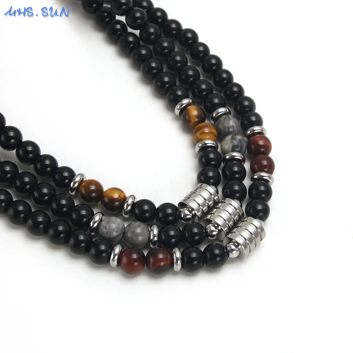 MHS.SUN Fashion Stainless Steel Necklace Black Beaded Natural Stone Handmade Clavicle Chain For Men Women Party Jewelry