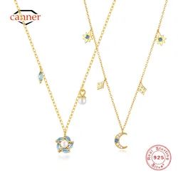 CANNER Octagonal Star Blue Zirzon Horse Eye Collarbone Chain Necklace For Women 925 Sterling Silver Ins Moon Necklace