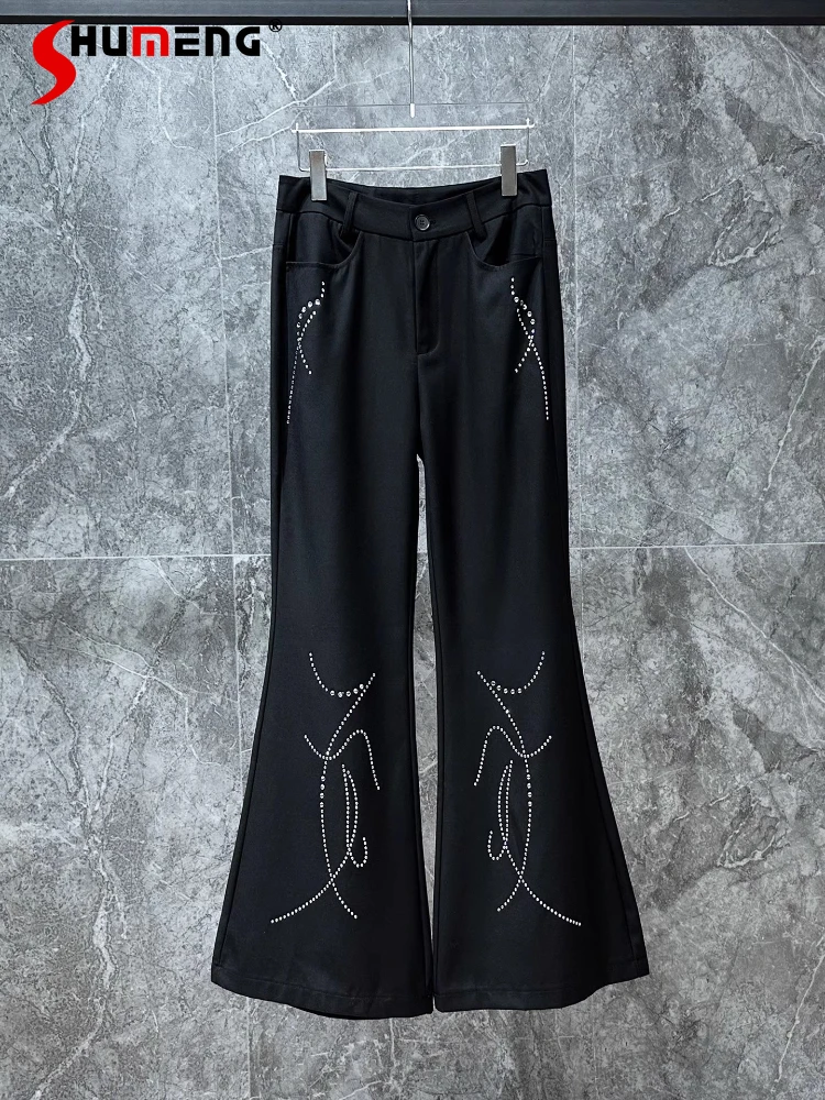 

Men's 2025 Autumn New Rhinestone Straight Flared Pants Stylish Personality Trendy Trousers Male Pocket Handsome Diamond Pants