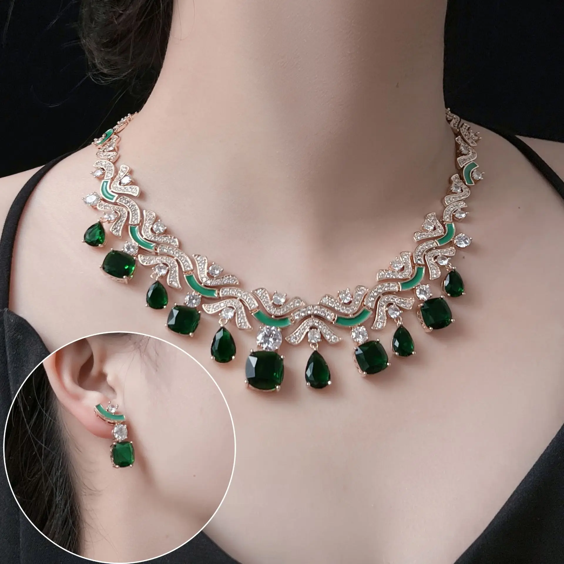 European and American Fashion Handmade V-shaped Flower Necklace Earring Jewelry Set