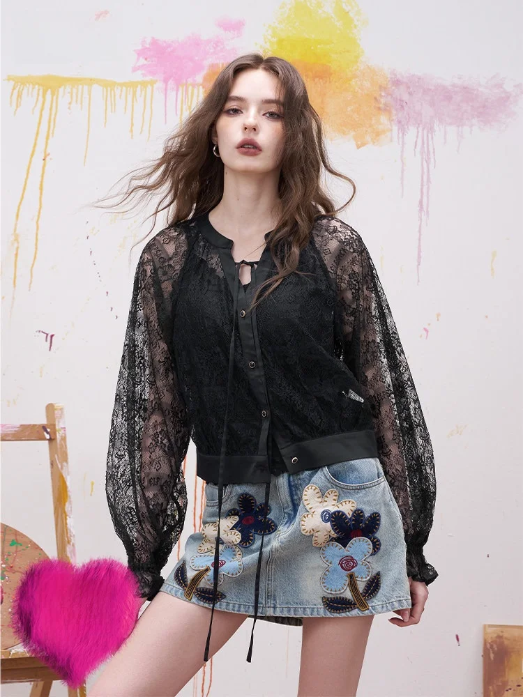 

Sexy Lace Hollow out V-Ne ket Fairy Girl Spring Summer Pure Desire Spicy Girl Jaet Women's Faion Lace irt