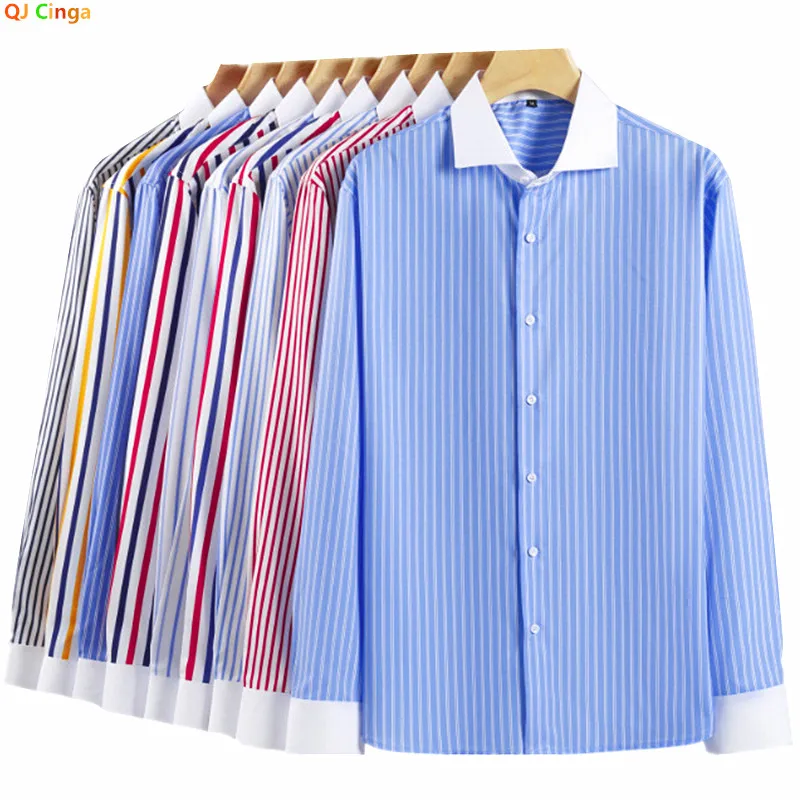

Men's Long-sleeve Stretch Shirt with Black-White Stripes; Suitable for Weddings/Parties/Business/Casual Wear; Red, Blue, Yellow.