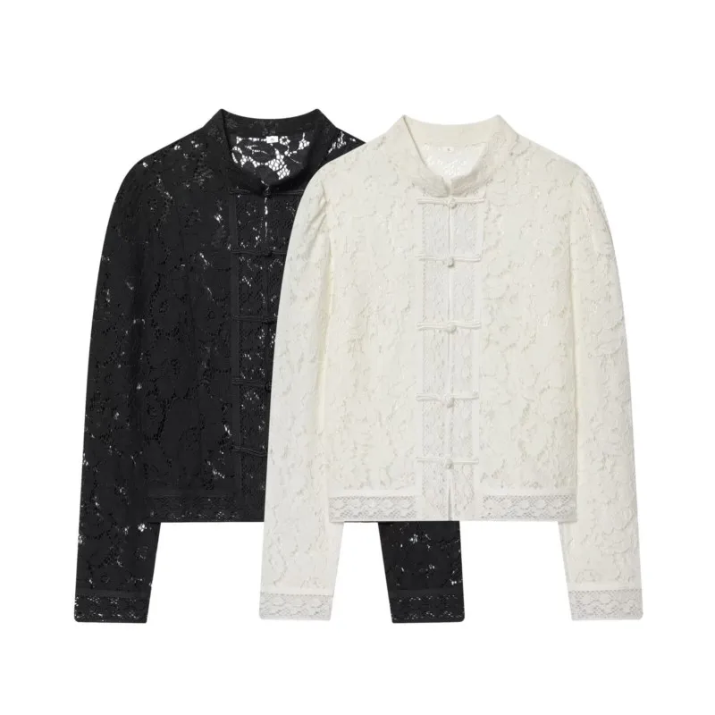 

Spring Summer Women Stand Collar Shirt Hollow-Out Embroidery Waist Cinched Lace Crochet Women's Tops Female Chic Shirt & Blouses