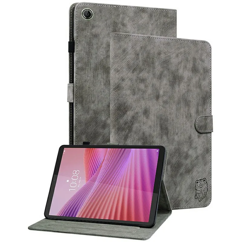 

For Lenovo Tab K9 Case Tiger Imprint Anti-Scratch PU Leather Tablet Cover - Grey
