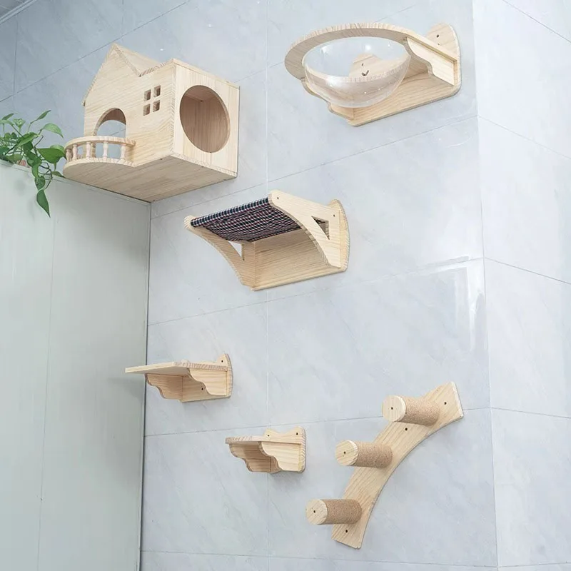 Wall Mounted Solid Wood Climbing Frames Set Scratching Post Tree Cats Hiding House Pets Beds and Furniture Cats Toys Accessories