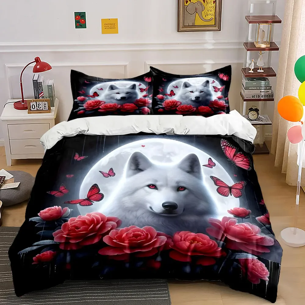 Wolf Moon Floral Decor Set Soft Comfortable Duvet Cover Bedding Set Included 1*Duvet Cover & 2*Pillowcases, gift